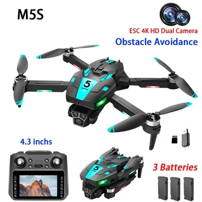 M5S RC Drone 4.3" Screen WIFI FPV 4K HD Dual Camera Obstacle Avoidance 3 Battery - Image 1 of 4