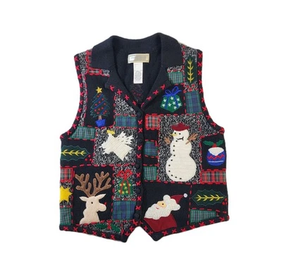 Studio Works Mujer Petite S Navidad Suéter Chaleco Retazos Muñeco de Nieve Ángel Foto 1 de 4