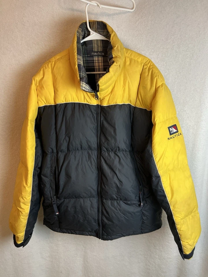 Vintage Nautica Coat Reversible Duck DOWN Yellow Navy Blue Plaid Jacket Men’s XL - Image 1 of 4