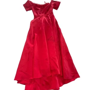 ML Monique Lhuillier Dress Womens 2 Red Off Shoulder Mikado Gown Crepe Lace - Picture 1 of 10