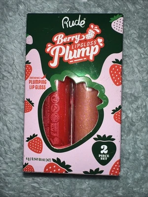 Rude Berry Plumping Lip Gloss 2 Piece Set Strawberry Shea Butter New Sealed Box - Image 1 of 2