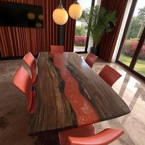 36"x60" Orange Resin River Dining Table with Live Edge Wood Handmade Epoxy Art - Picture 1 of 9