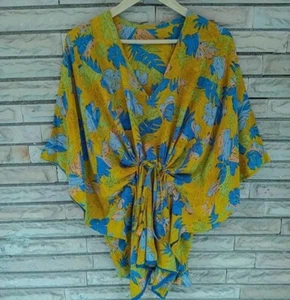 Crepe Silk Short Kaftan Women Top Tunic Caftan Girl Robe Yellow & Blue KFNS1189 - Picture 1 of 7