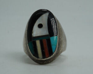 Vintage Silver Native American Turquoise & Others Inlay Large Ring Size 10 1/4