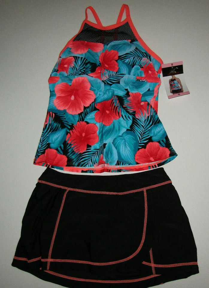 Womens ZeroXposur Melon Floral Black Tankini Skirt Swim Suit Size S Small