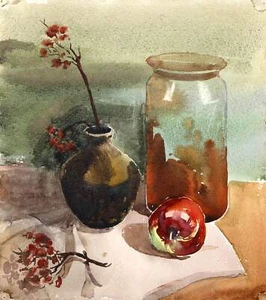 Erik Freyman, Still Life with Apple, Watercolor on Paper - Picture 1 of 4