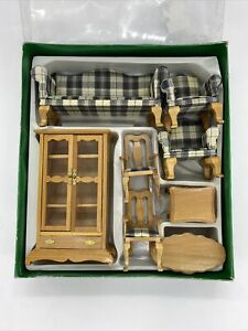 Vintage Dollhouse Furniture Upholstered Sofa Table Hutch Chairs 8 Piece Set