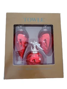Towle Red & Silver Etched Glass Teardrop Ornaments Set of Three Approx 6" - Picture 1 of 10