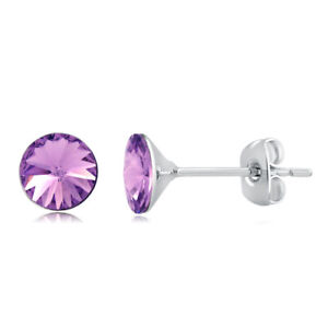 Rhodium Plated Round Violet Crystal Stud Earrings