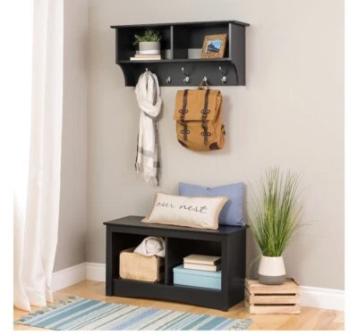 Perchero Prepac con Estante, Estante de Pared con Ganchos, Perchero de Entrada de Madera, B Foto 1 de 4