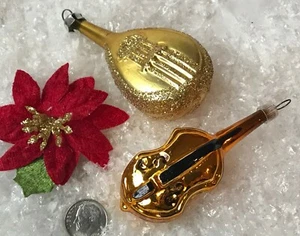 CHRISTMAS ORNAMENTS Pair VINTAGE Glass STRING INSTRUMENTS Austria, Glitter 3.5" - Picture 1 of 4