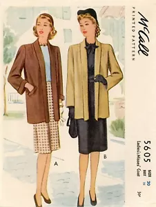 Abrigo frontal abierto McCall 5605 con bolsillos talla 20 patrón completo década 1940 - Imagen 1 de 5