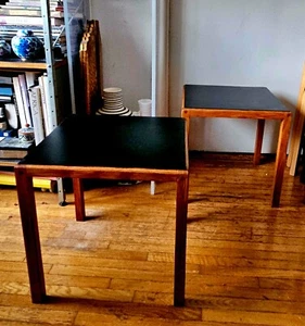 Vintage 60s Modern Walnut+Black Laminate Square Side End Occasional Tables x2 - Picture 1 of 23