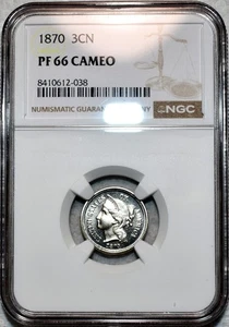 NGC PF-66 CAMEO 1870 Nickel Three Cent Piece, Deeply Mirrored, Superb Gem Proof! - Picture 1 of 4