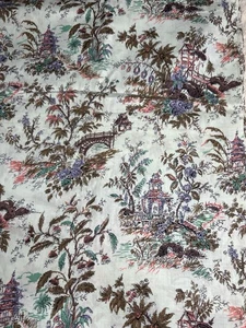 Vintage Chinoiserie Toile Cotton Fabric-Asian Pagoda Scenic Print BTY 36" WIDE - Picture 1 of 8