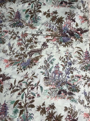 Vintage Chinoiserie Toile Cotton Fabric-Asian Pagoda Scenic Print BTY 36" WIDE - Image 1 of 4