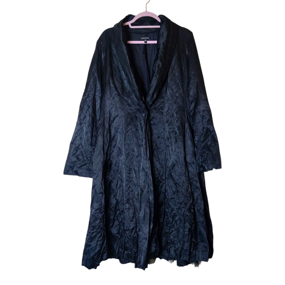Eileen Fisher Steel Satin Crinkled Metal Duster Jacket Trench Coat Black Large - Image 1 of 4