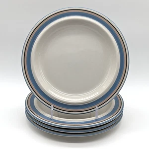 Arabia Finland Uhtua Salatteller 4er Set blau hellbraune Bänder Vintage Steinzeug - Bild 1 von 5