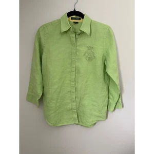 Lauren Ralph Lauren Women's Green 100% Linen Button Down Shirt Crest Logo Size S - Picture 1 of 9