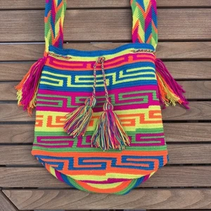 Wayuu Mochila Bucket Bag Handcrafted Neon Bright Colors Unique Boho Shoulder Bag - Picture 1 of 8