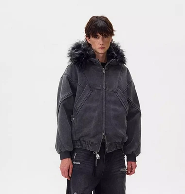 Hombres Chaqueta Corta Cremallera Cuello de Piel Abrigo con Capucha Invierno Corto Algodón Prendas de abrigo retro Foto 1 de 4