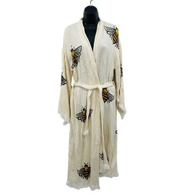 Roupão estilo quimono musselina algodão branco turquesa com estampa de abelha preta e amarela - Imagem 1 de 4