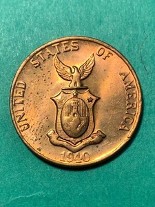 US PHILIPPINES ONE CENTAVO 1940-M UNCIRCULATED RED BROWN #126 - Picture 1 of 2