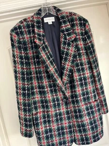 Perfekte Größe 16 Wolle Liz Claiborne marineblau rot lang warm kariert Tweed Karriere Blazer - Bild 1 von 9