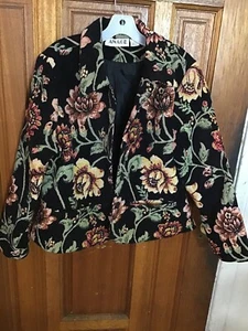 Anage VTG Womens Sequin Floral Jacket Cotton Lined Artsy Size L Black Colorful - Picture 1 of 6