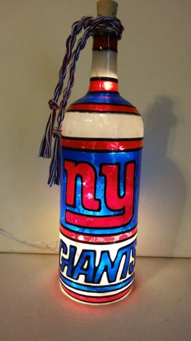 New York Giants Inspired Bottle Lamp Handpainted Lighted Stained Glass Look Cover