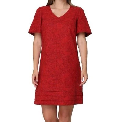 NWT NICOLE MILLER Red Tiered Hem Linen Blend T-Shirt Dress Tropical Size M - Image 1 of 4