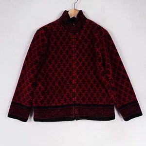 Talbots Jacket Small PETITE Red Black Geometric Fleece Full Zip Mock Neck Pocket - Picture 1 of 8