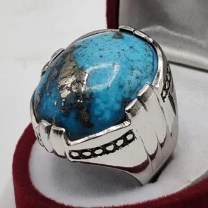 Natural Oval Shape Shajri Turquoise Men's Handmade Ring 925 Sterling Silver Ring - Picture 1 of 9