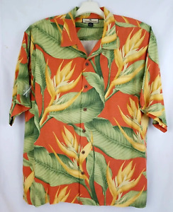 Tommy Bahama Hawaiian Shirt Men XL Silk Short Sleeve Yellow Floral Bird Paradise