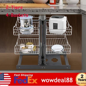 Kitchen Pull Out Organizer 2-tier Pull Basket Blind Corner Cabinet Storage Shelf - Picture 1 of 21