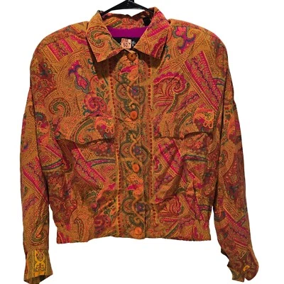 Vintage Ellen Tracy 100% Silk Paisley Cropped Jacket Size 4 Orange Pink - Image 1 of 4