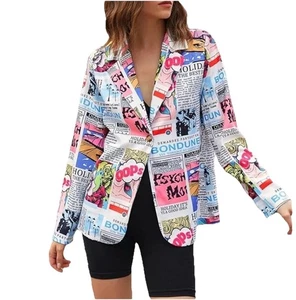 SHEIN Comic Print Blazer Jacket Women’s 2XL Colorful Pop Art Newspaper Style - Picture 1 of 11