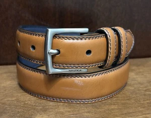 Nautica Brown Faux Leather Belt Sz 26 1” Wide Stitched Logo EUC - Picture 1 of 7