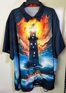 MEN'S CASUAL BUTTON-DOWN SHIRT COLORFUL LIGHTHOUSE SCENE ON THE OCEAN 5XL NEW - Picture 1 of 3