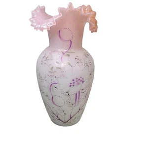 Antique hand blown 10 Inch Bristol vase hand painted flowers pink ruffled rim - Picture 1 of 10