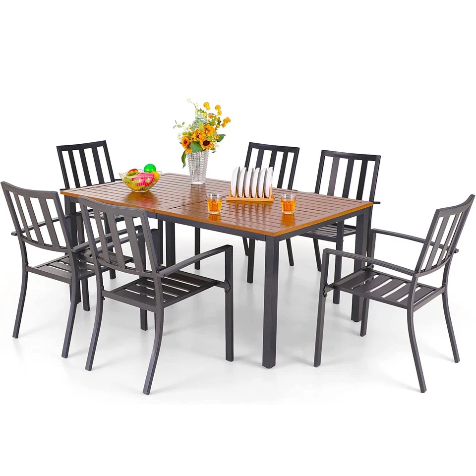 Juego de mesa y sillas de patio de comedor exterior de 7 piezas mesa de 65" con orificio para sombrilla Foto 1 de 4