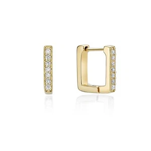 18K Yellow Gold Plated 925 Sterling Silver Square Hoop Earrings With Diamond - Picture 1 of 6
