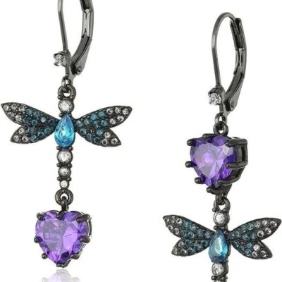Pendientes colgantes Betsey Johnson circonita cúbica y mariposa doble desajuste púrpura circonita cúbica corazón Foto 1 de 3