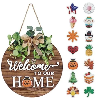 Interchangeable Seasonal Welcome Sign Front Door Decoration, Rustic Round Wood - Image 1 of 4