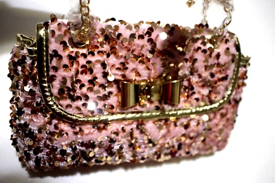 OLIVIA MILLER PURSE STYLE OMZS3059 PINK SEQUINS 8X5X2" GOLD CHAIN - Image 1 of 4