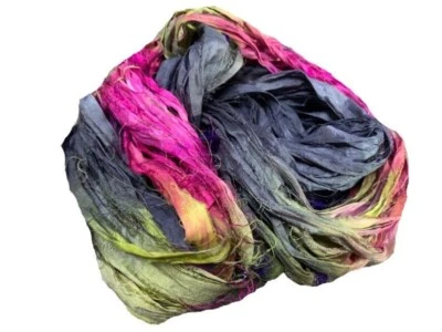 Recycled Sari Silk Ribbon Yarn - Grey, Pink, Yellow, Green - 50 GMS, Boho Ribbon - Image 1 of 4