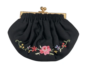 Antique French Floral Tambour Le Point De Beauvais Coin Purse gold kiss lock VTG - Picture 1 of 8