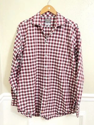 Camisa masculina Thomas Dean XL vermelha branca preta quadriculada com botões manga longa algodão - Imagem 1 de 4