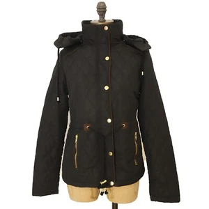 Love Tree Hooded Quilted Jacket Size S Faux Fur Lined Zip Up Black NEW B95 - Picture 1 of 7