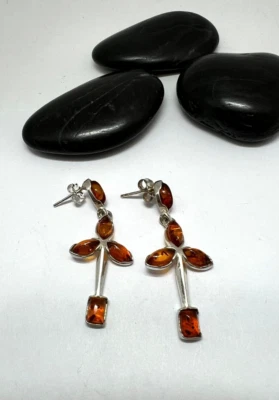 925 Sterling silver Honey Amber cross dangle errings with posts - Image 1 of 4